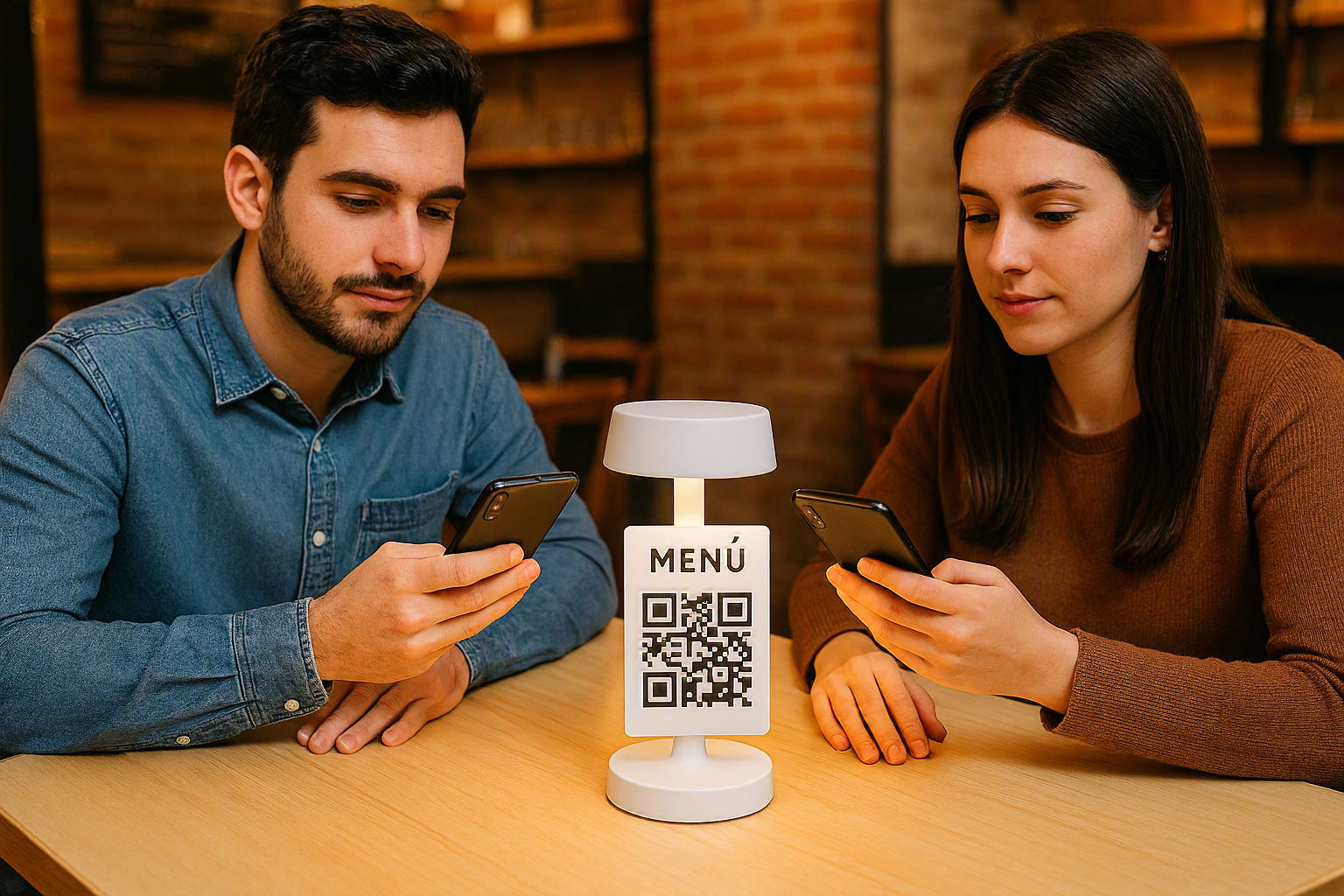 Coppia al tavolo con lampada QR Code SafeDish