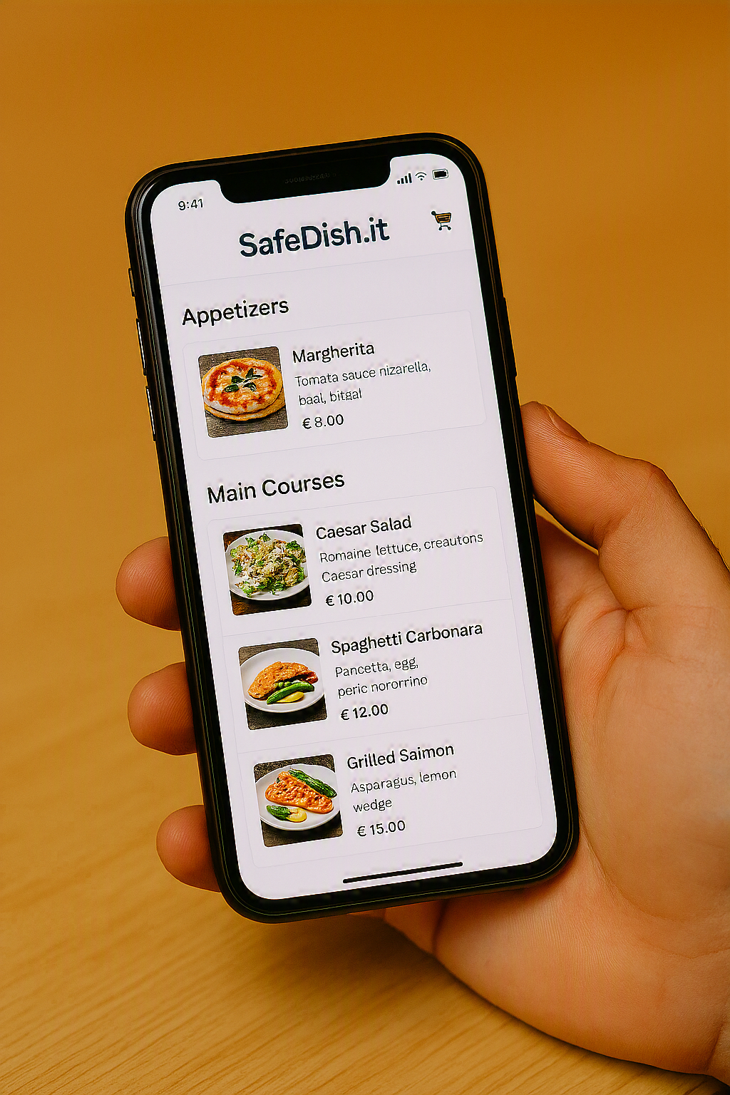 Menu digitale SafeDish sullo smartphone con piatti e prezzi