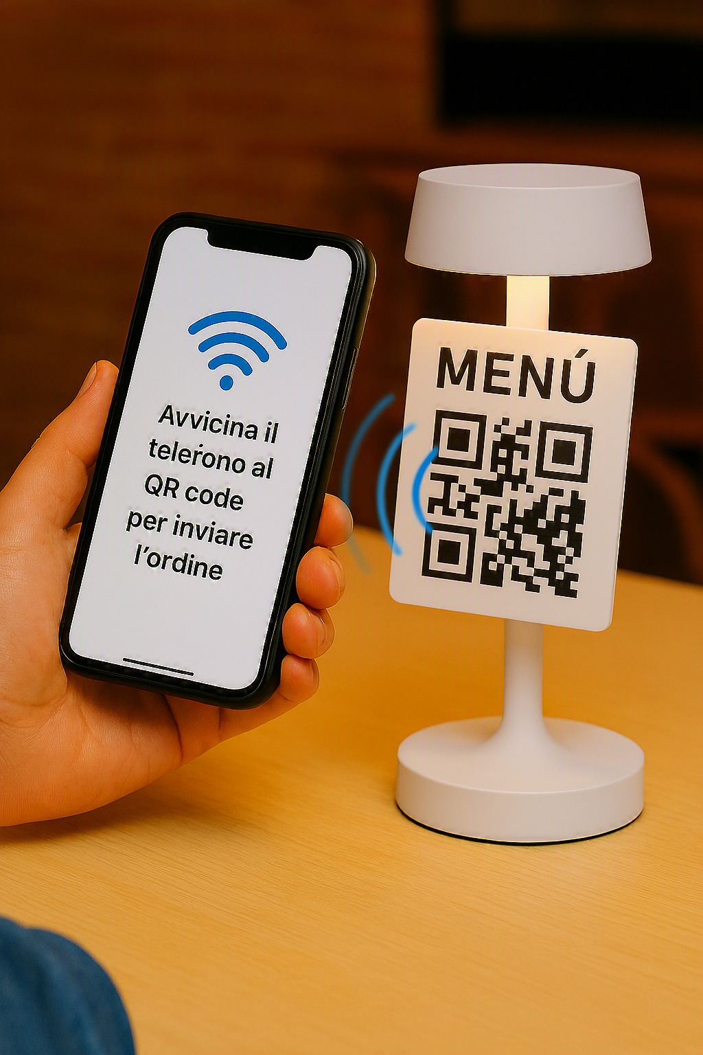 Telefono avvicinato al tag NFC per inviare l'ordine